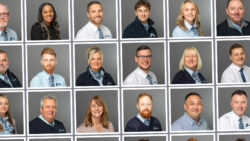 Mulitiple business headshots of men and women, all taken in the same style and with a grey background
