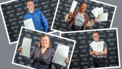 Four images of award recipients standing in front of a branded backdrop