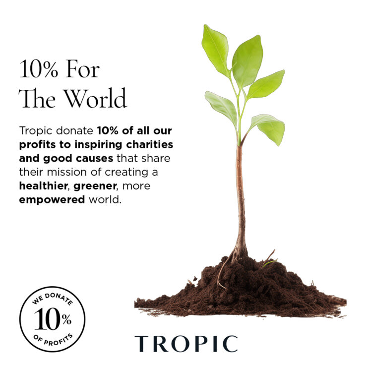 A picture of a green sapling growing from a small pile of soil with the caption Ten Percent for the World
