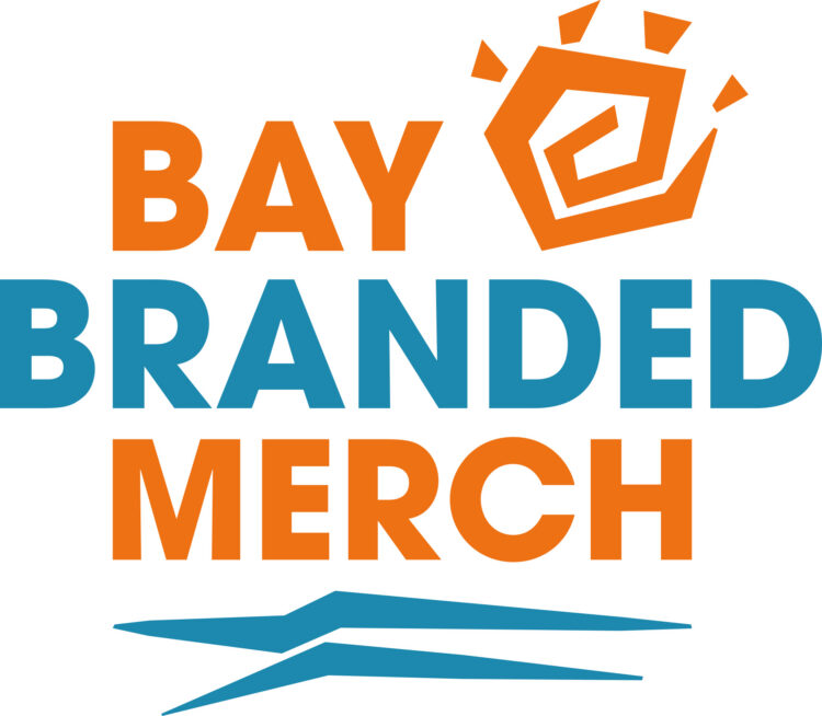 Orange sun designed witht he words Bay Branded Merch in Orange and Teal and the wavey lines