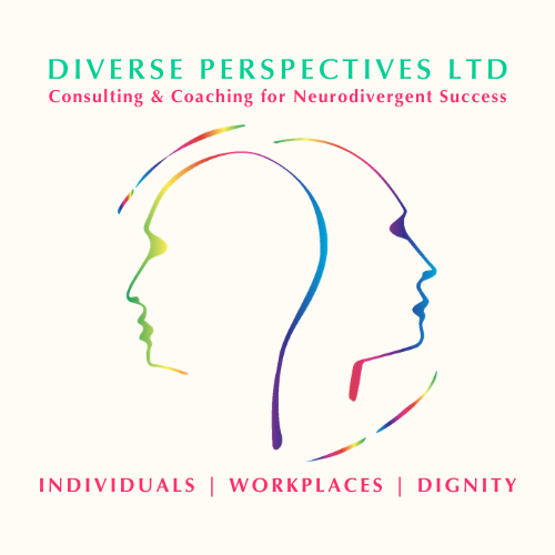 Logo for Diverse Perspectives Ltd on a cream background. The company name appears at the top in green, with the tagline 'Consulting and Coaching for Neurodivergent Success' beneath it in smaller text. The central graphic shows two overlapping human profiles facing in opposite directions, drawn in flowing rainbow coloured lines. At the bottom, the words 'Individuals, Workplaces, Dignity' appear in small green capitals.