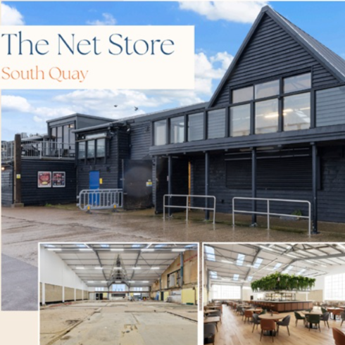 Promotional graphic for ‘The Net Store, South Quay.’ The main image shows a dark‑clad industrial-style building with large windows, metal railings, and a wet concrete forecourt under a cloudy sky. Below are two smaller interior photos: one of a large empty warehouse-style space with high ceilings and exposed beams, and another of a finished modern interior with wooden flooring, tables and chairs, and greenery suspended from the ceiling.