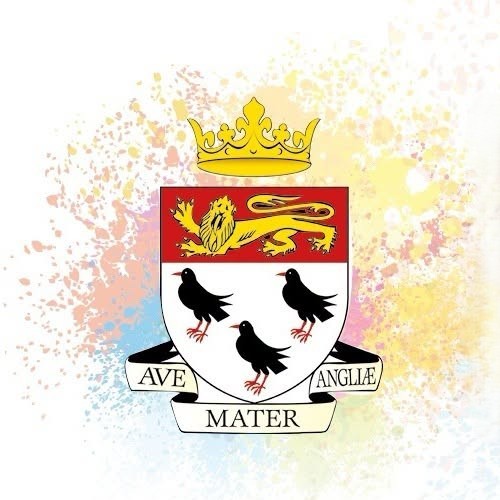 Heraldic crest featuring a crown above a shield with three black birds and a lion. A banner below reads ‘Ave Mater Anglie’. The crest is displayed on a colourful pastel paint-splash background.